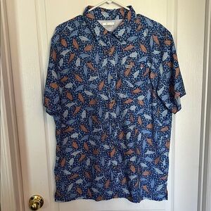 Men's Casual Short-Sleeve Button-Down Shirt - Navy & Brown Leaf Print